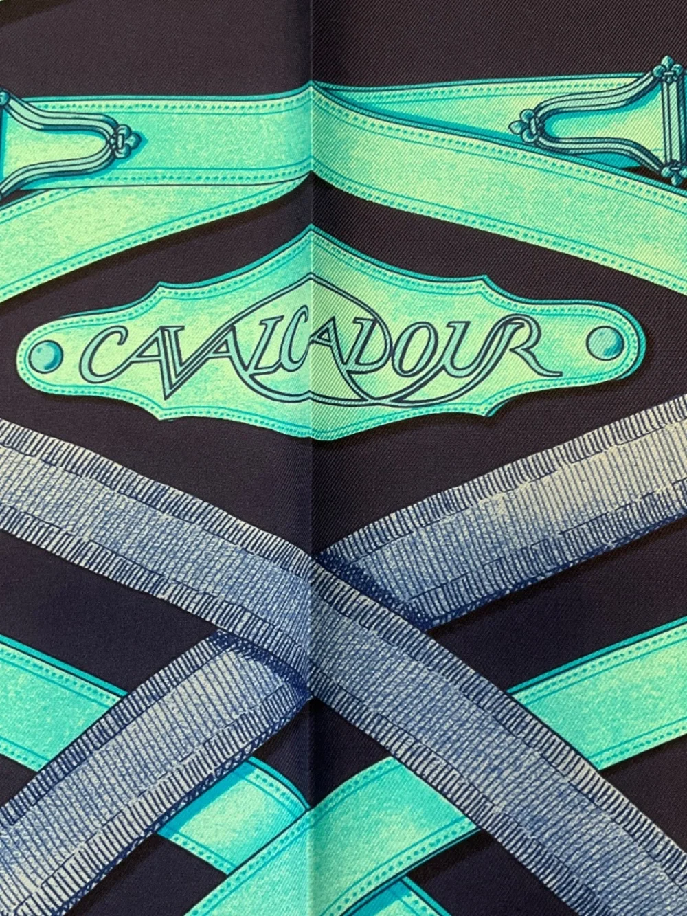 HERMES NAVY BLUE / TURQUOISE CAVALCADOUR PRINT SQUARE SILK TWILL SCARF
